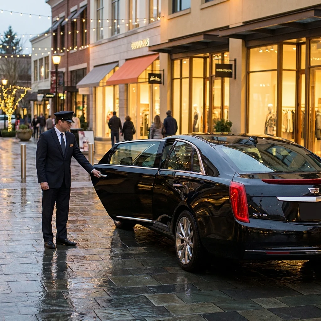 Chauffeur opening a black Cadillac sedan outside the Bellevue shopping district at dusk