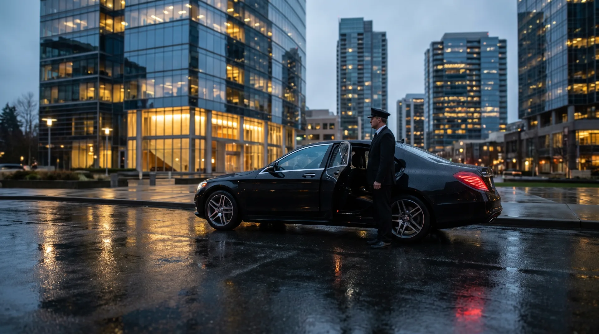 Black Mercedes-Benz S-Class sedan with a chauffeur on a downtown Bellevue street at dusk