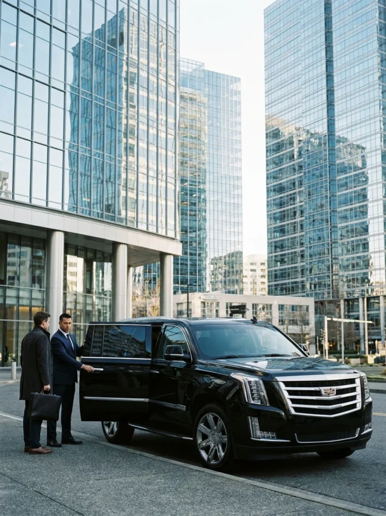 Chauffeur holding the door of a black Cadillac Escalade outside a downtown Bellevue office tower