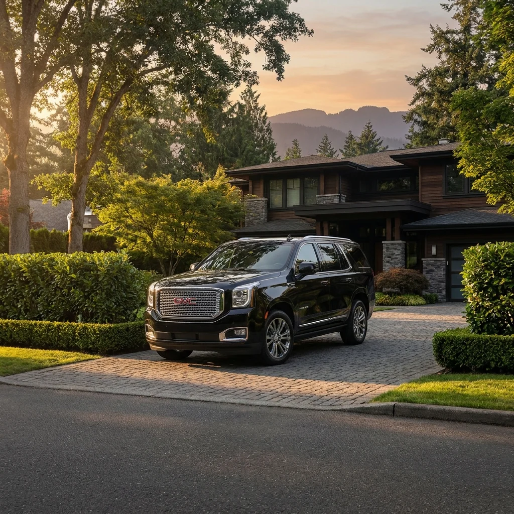 Black GMC Yukon parked on an upscale Bellevue residential street at golden hour