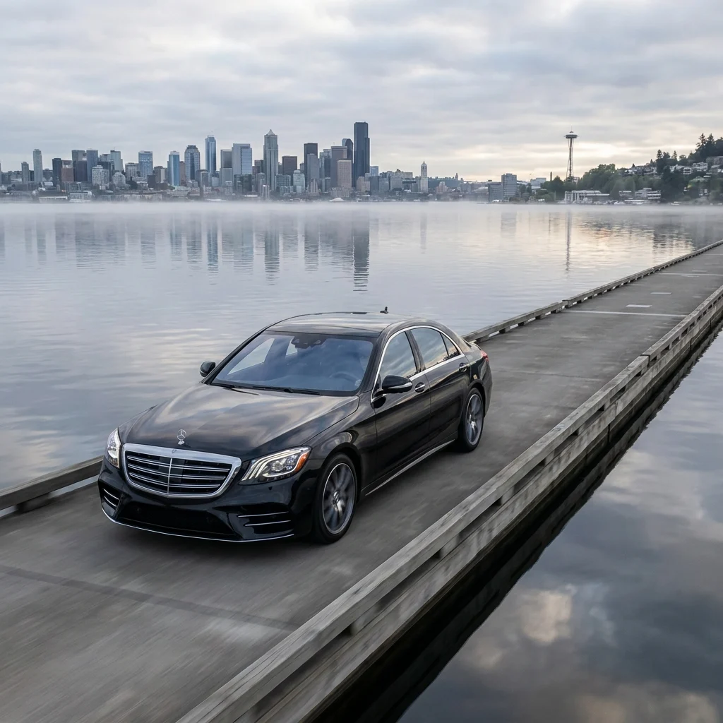Black Mercedes-Benz S-Class crossing the Lake Washington floating bridge from Bellevue toward Seattle