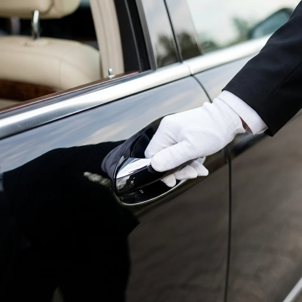 Chauffeur in white gloves opening the rear door of a black luxury sedan