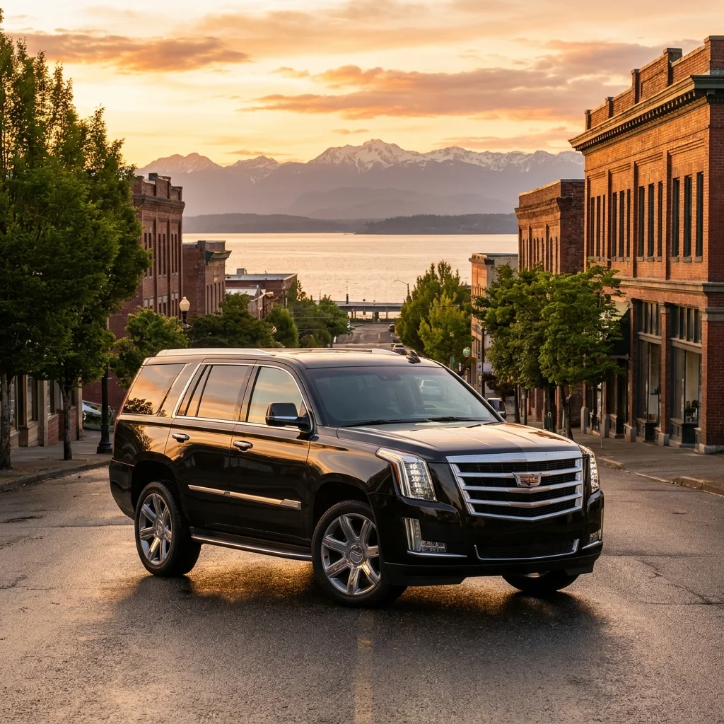 Black Cadillac Escalade in Everett at sunrise with the Olympic Mountains beyond Puget Sound