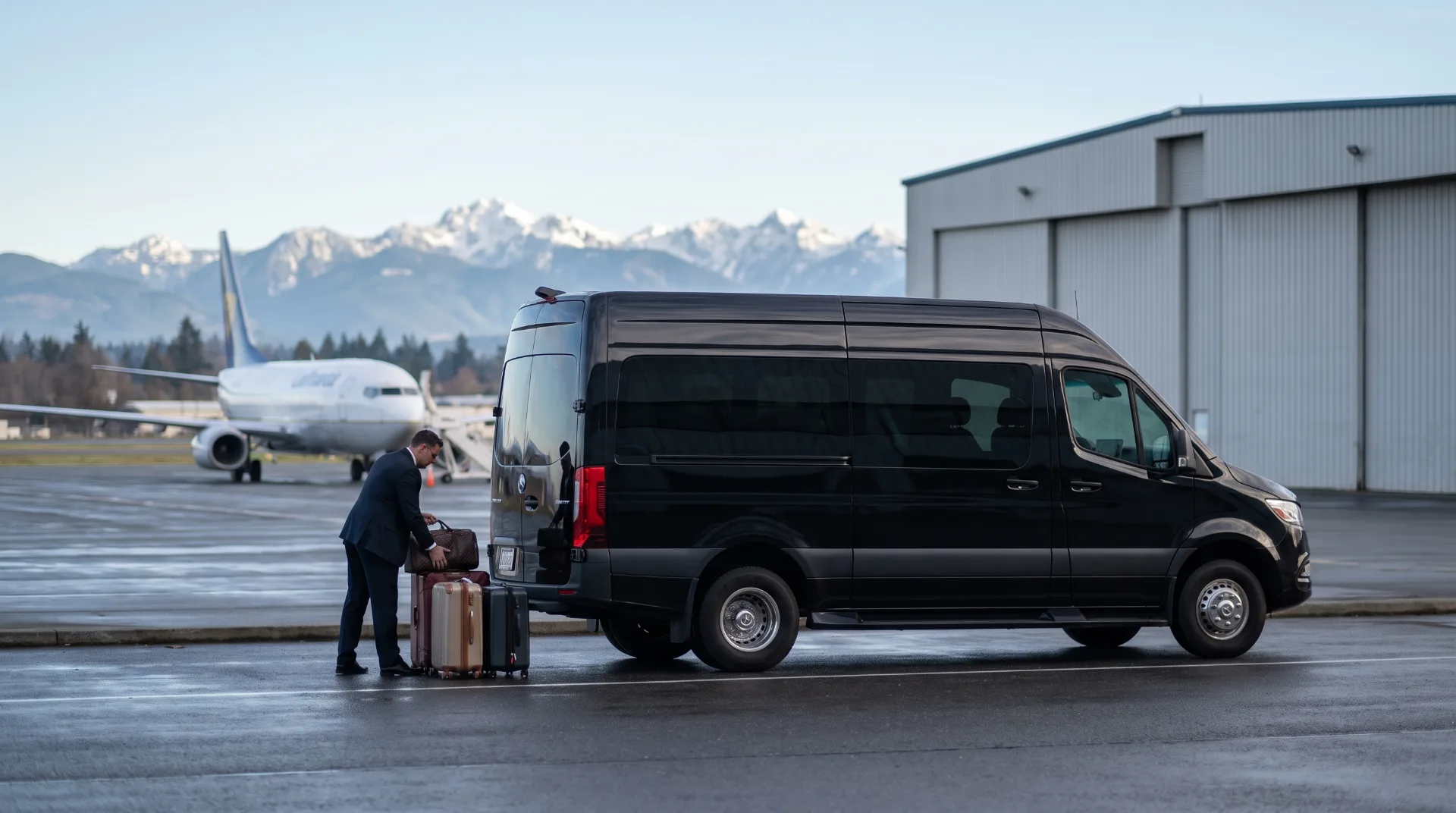 Black Mercedes-Benz Sprinter van at a Paine Field terminal kerb in Everett
