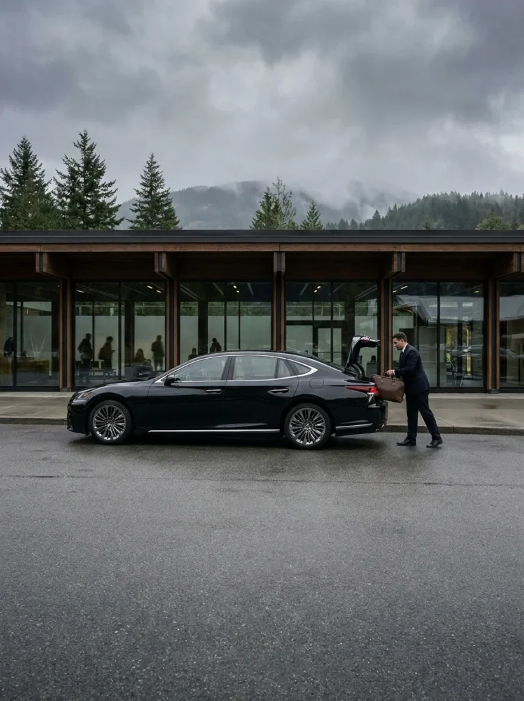 Chauffeur with a black luxury sedan outside the Paine Field passenger terminal near Everett