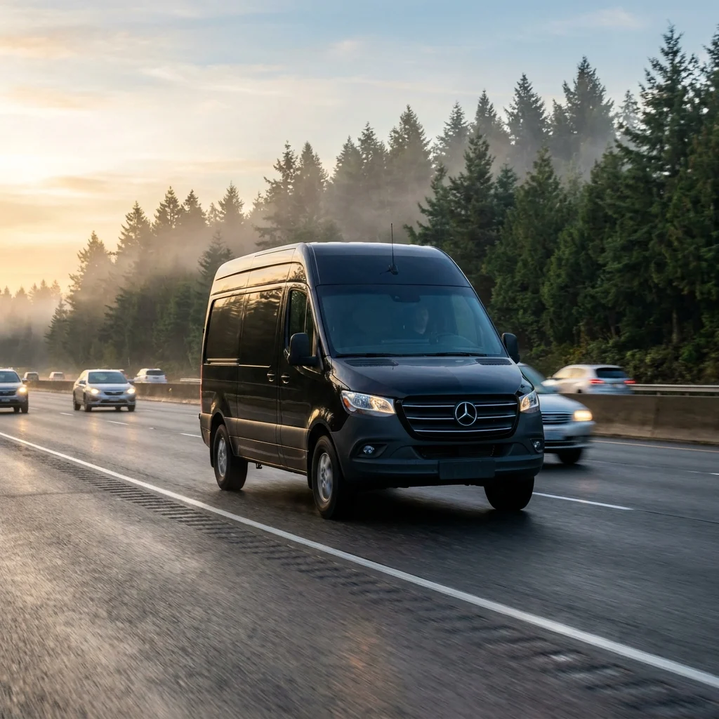 Black Mercedes-Benz Sprinter van heading south on the interstate from Everett at dawn
