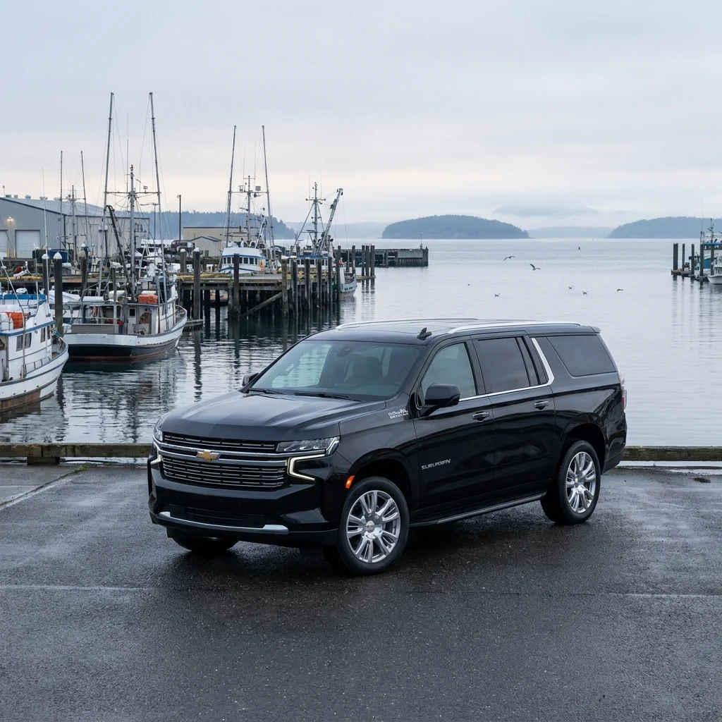 Black Chevrolet Suburban beside the Everett marina on Puget Sound