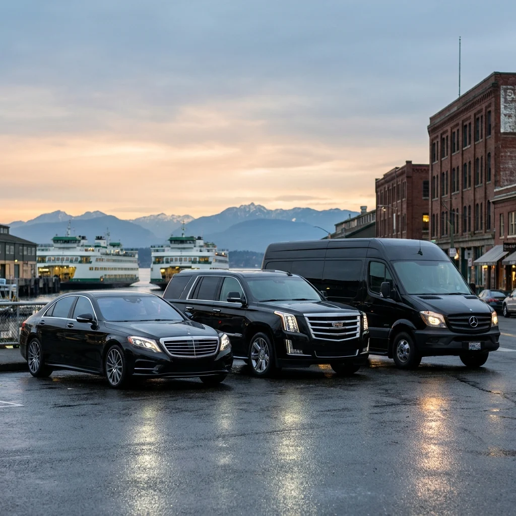 Mercedes-Benz S-Class sedan, Cadillac Escalade SUV and Mercedes-Benz Sprinter van lined up on the Seattle waterfront