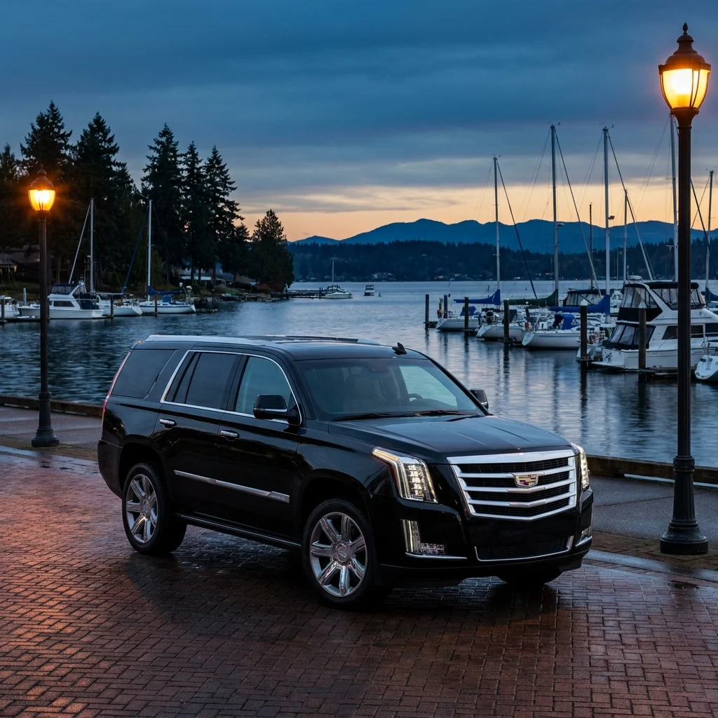 Black Cadillac Escalade on the Kirkland waterfront promenade at dusk