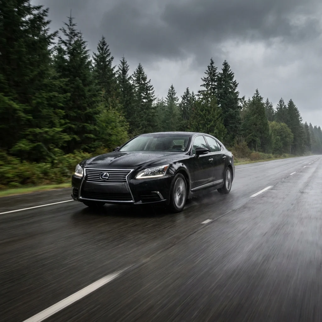 Black Lexus LS travelling an Eastside highway near Kirkland in the rain