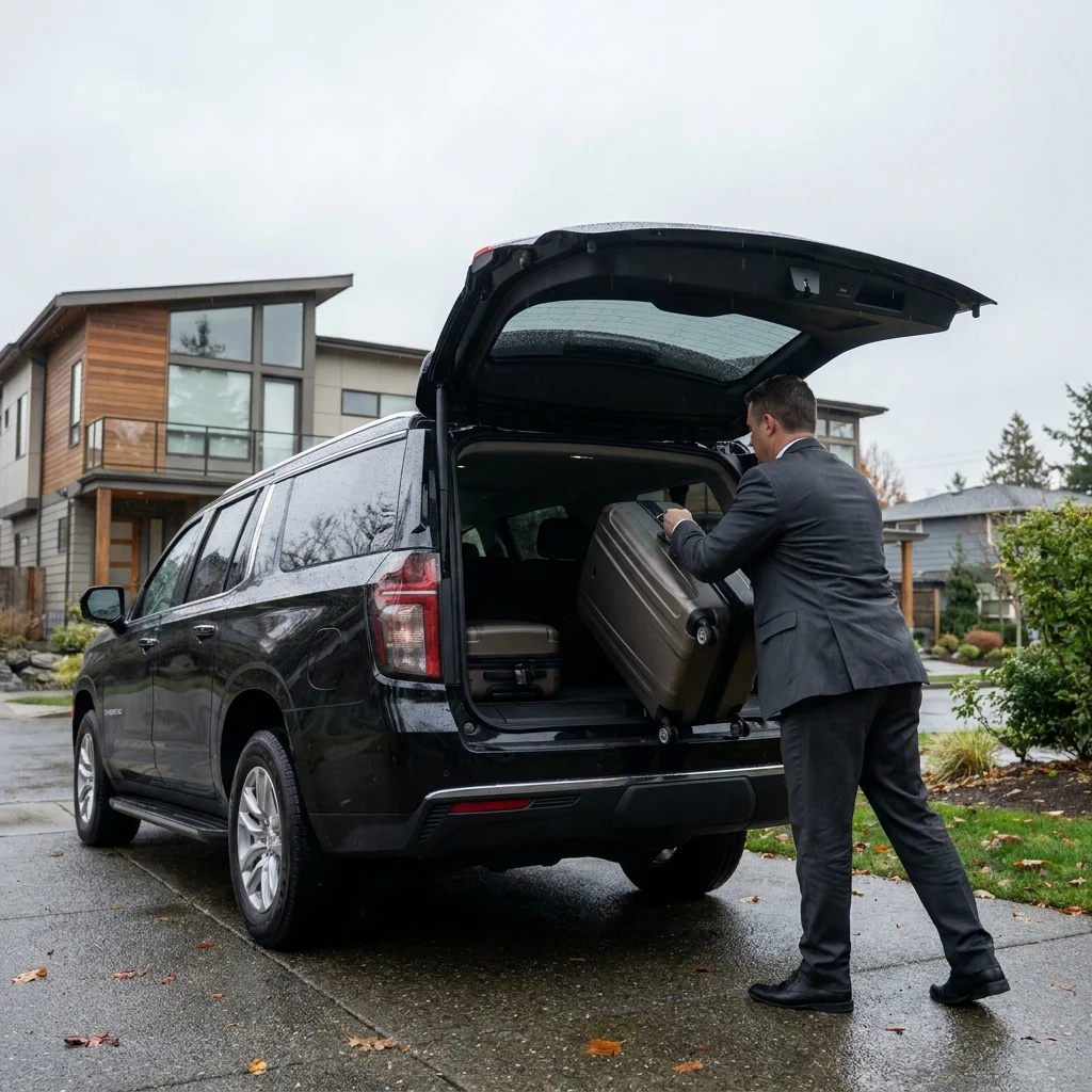 Chauffeur loading luggage into a black Chevrolet Suburban outside a Kirkland townhouse