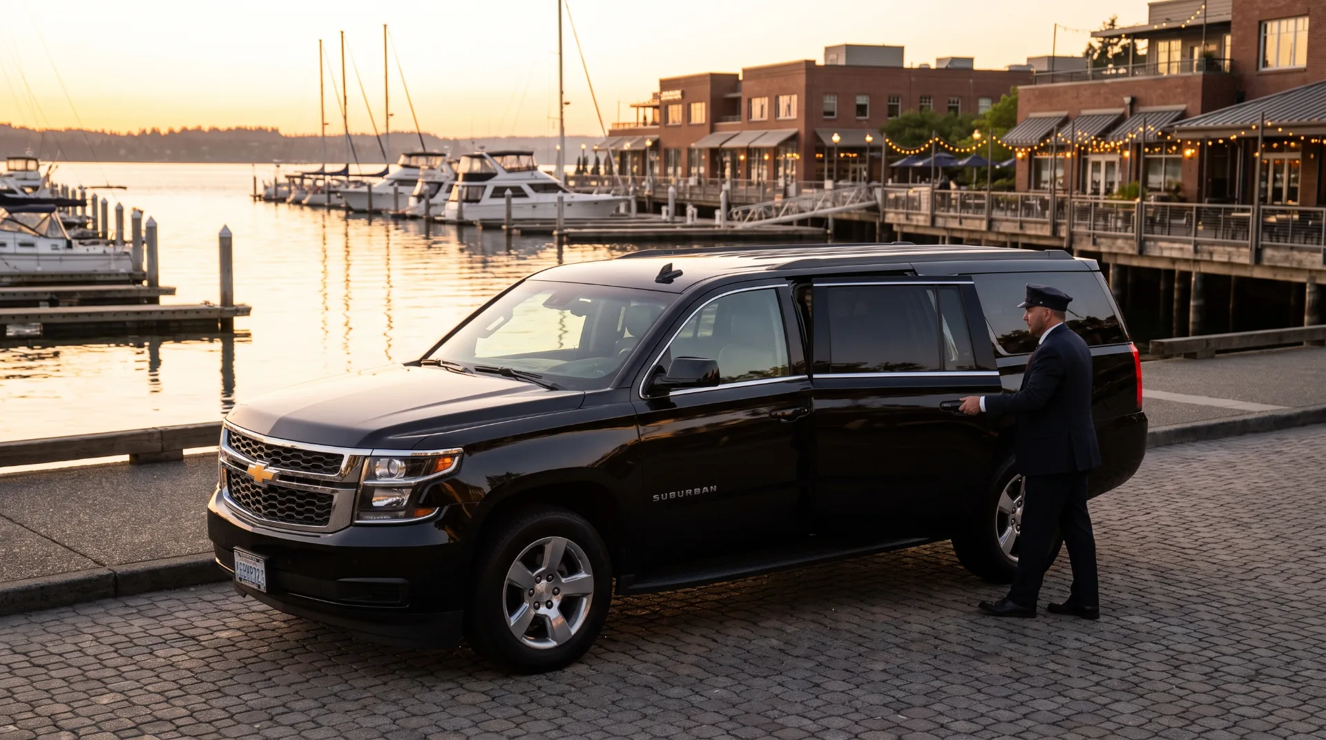 Black Chevrolet Suburban with a chauffeur on the Kirkland waterfront with Lake Washington behind