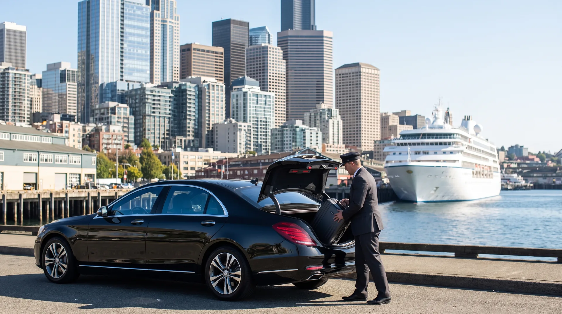 Black Mercedes-Benz S-Class sedan at the Pier 66 Bell Street cruise terminal on Alaskan Way