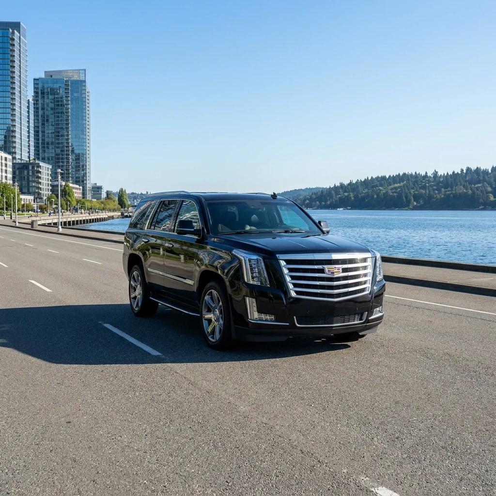 Black Cadillac Escalade on the Seattle waterfront avenue near Pier 66