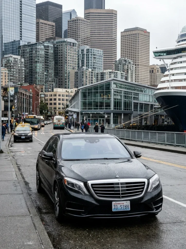 Black Mercedes-Benz S-Class at the downtown Seattle kerb outside the Pier 66 Bell Street terminal