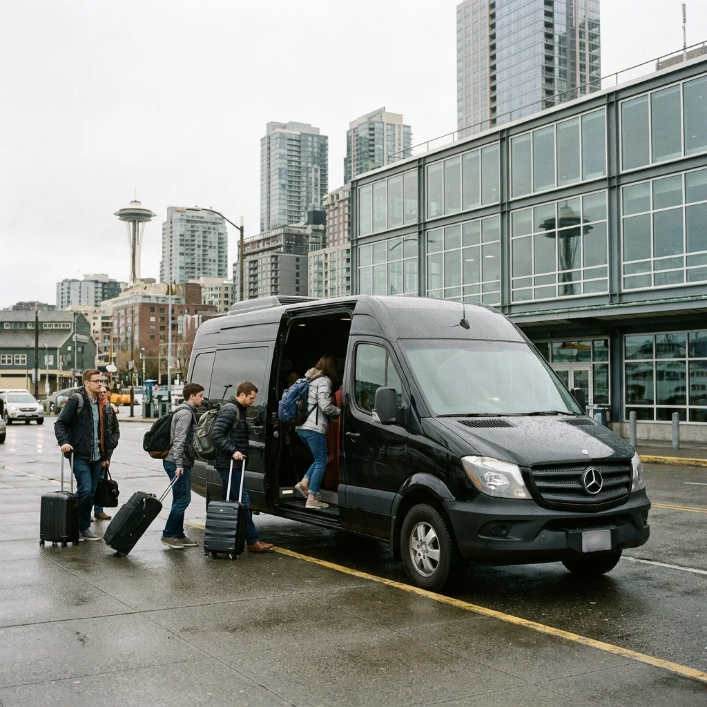 Passengers unloading from a black Mercedes-Benz Sprinter van at the Pier 66 Bell Street drop-off