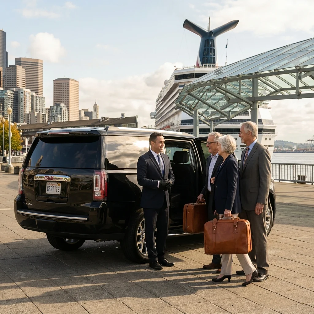 Chauffeur assisting a couple with luggage from a black GMC Yukon at the Seattle cruise pier
