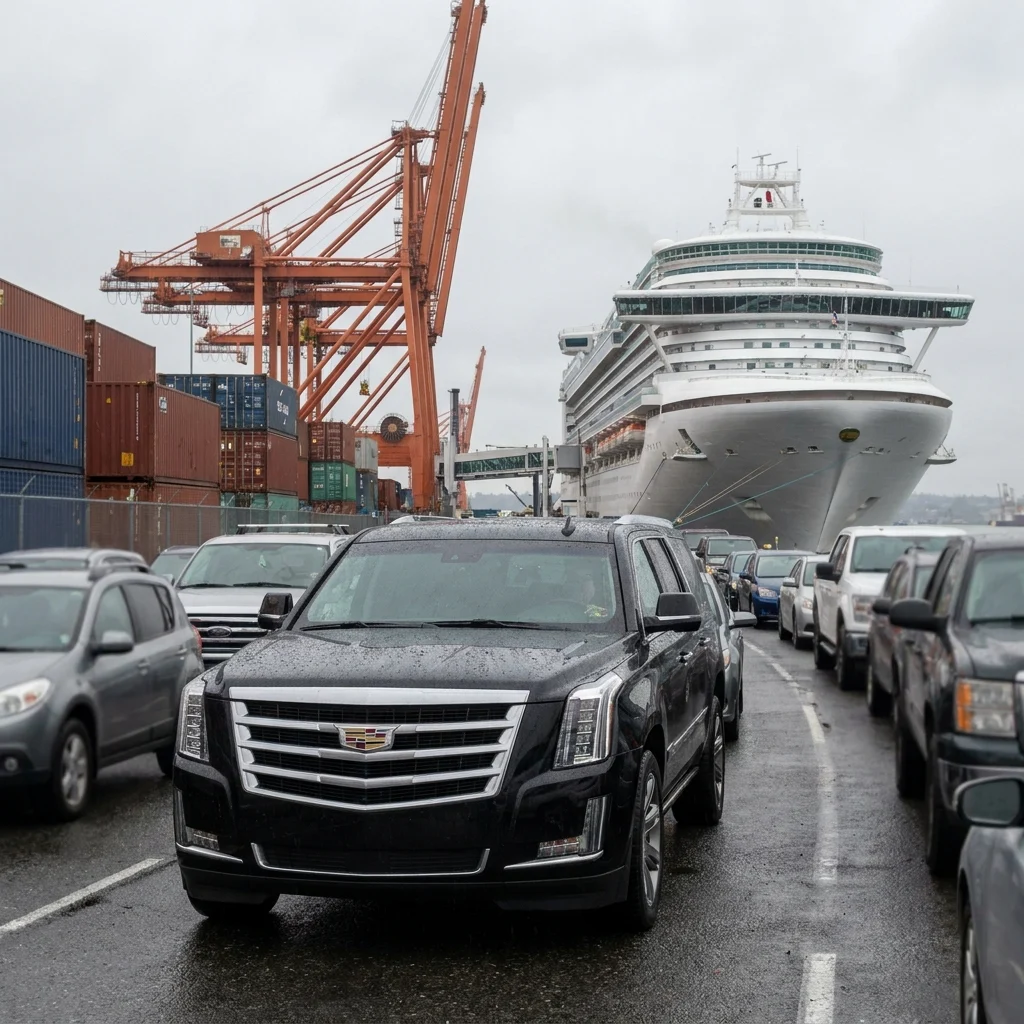 Black Cadillac Escalade in queued traffic on the Pier 91 access road beside port cranes