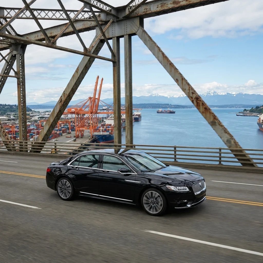 Black Lincoln Continental crossing the bridge above the Seattle port toward Pier 91