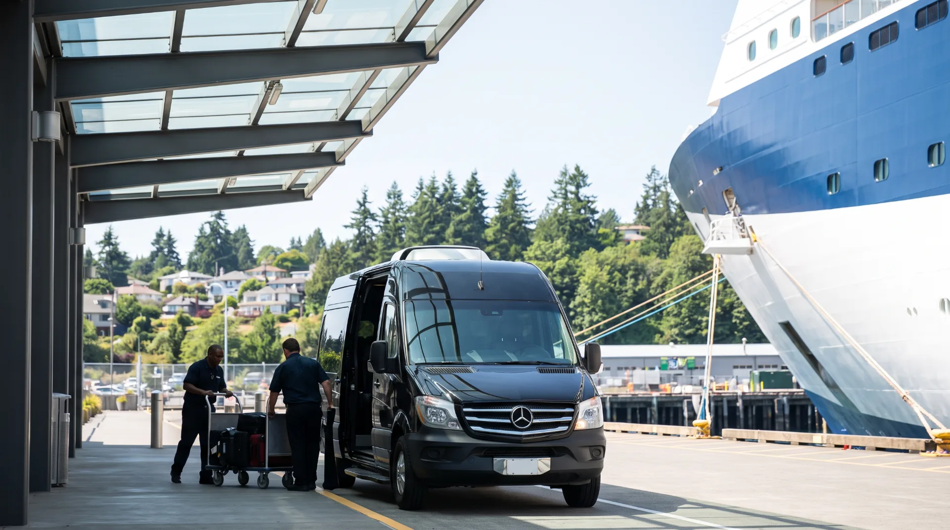 Black Mercedes-Benz Sprinter van at the covered drop-off of Pier 91 Smith Cove Cruise Terminal