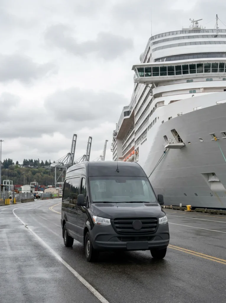 Black Mercedes-Benz Sprinter van on the approach road to Pier 91 Smith Cove cruise terminal
