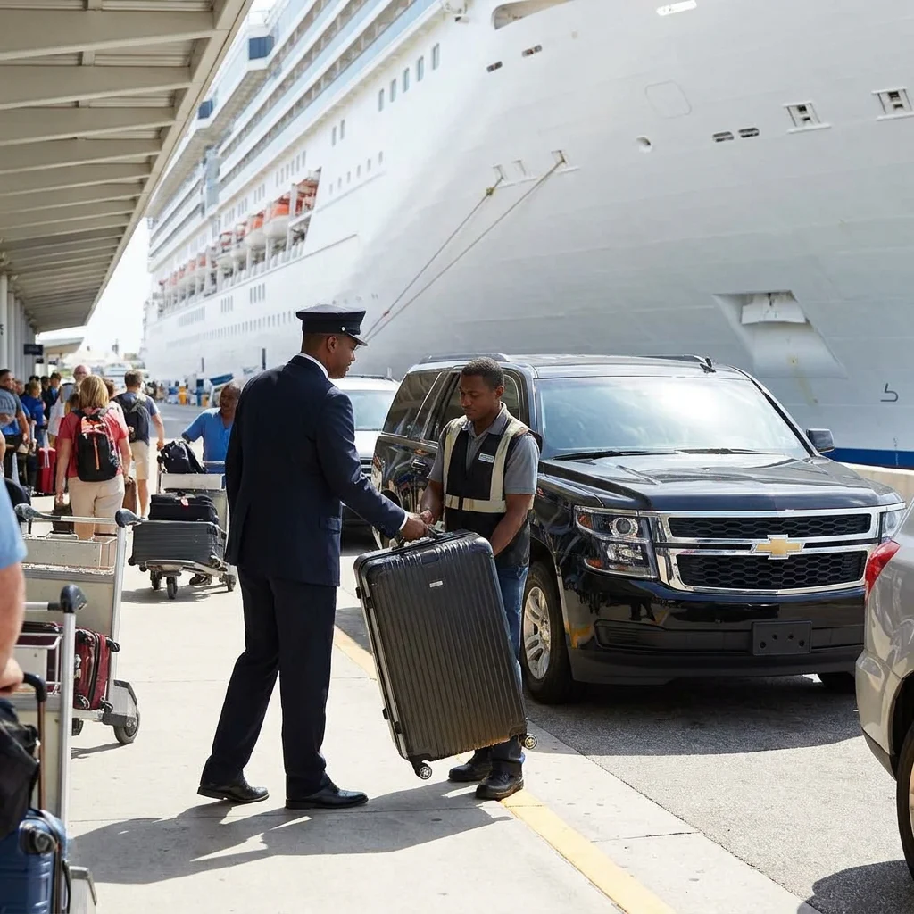 Chauffeur handing luggage to a porter at the Pier 91 cruise terminal luggage drop