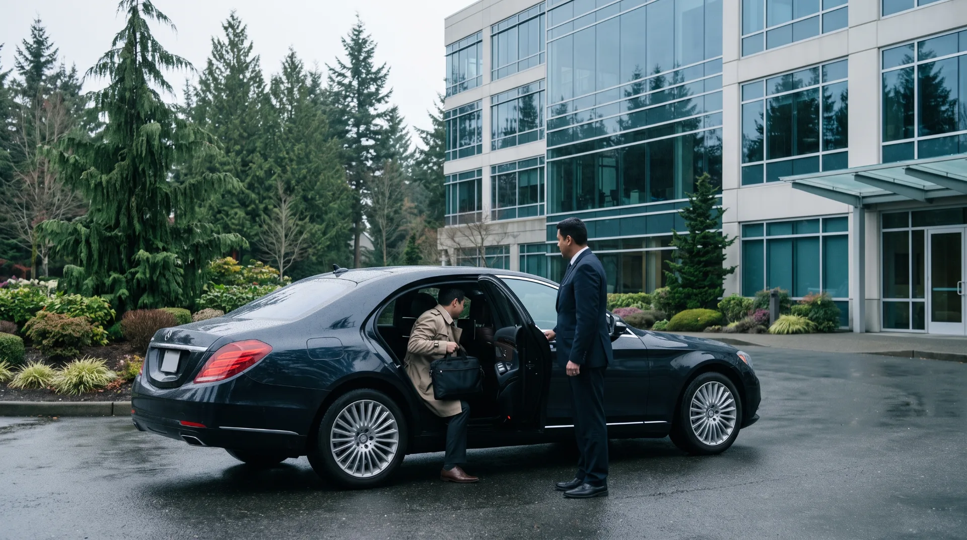 Black Mercedes-Benz S-Class sedan outside a Redmond corporate campus with a chauffeur holding the rear door