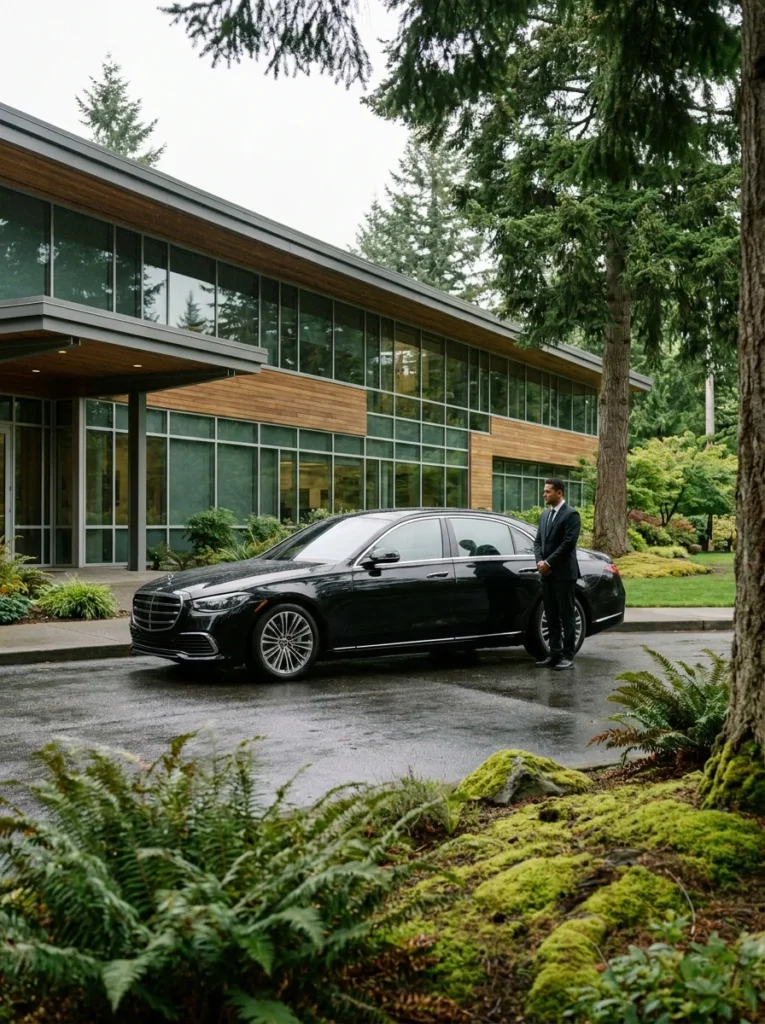 Black Mercedes-Benz S-Class waiting outside a Redmond corporate technology campus