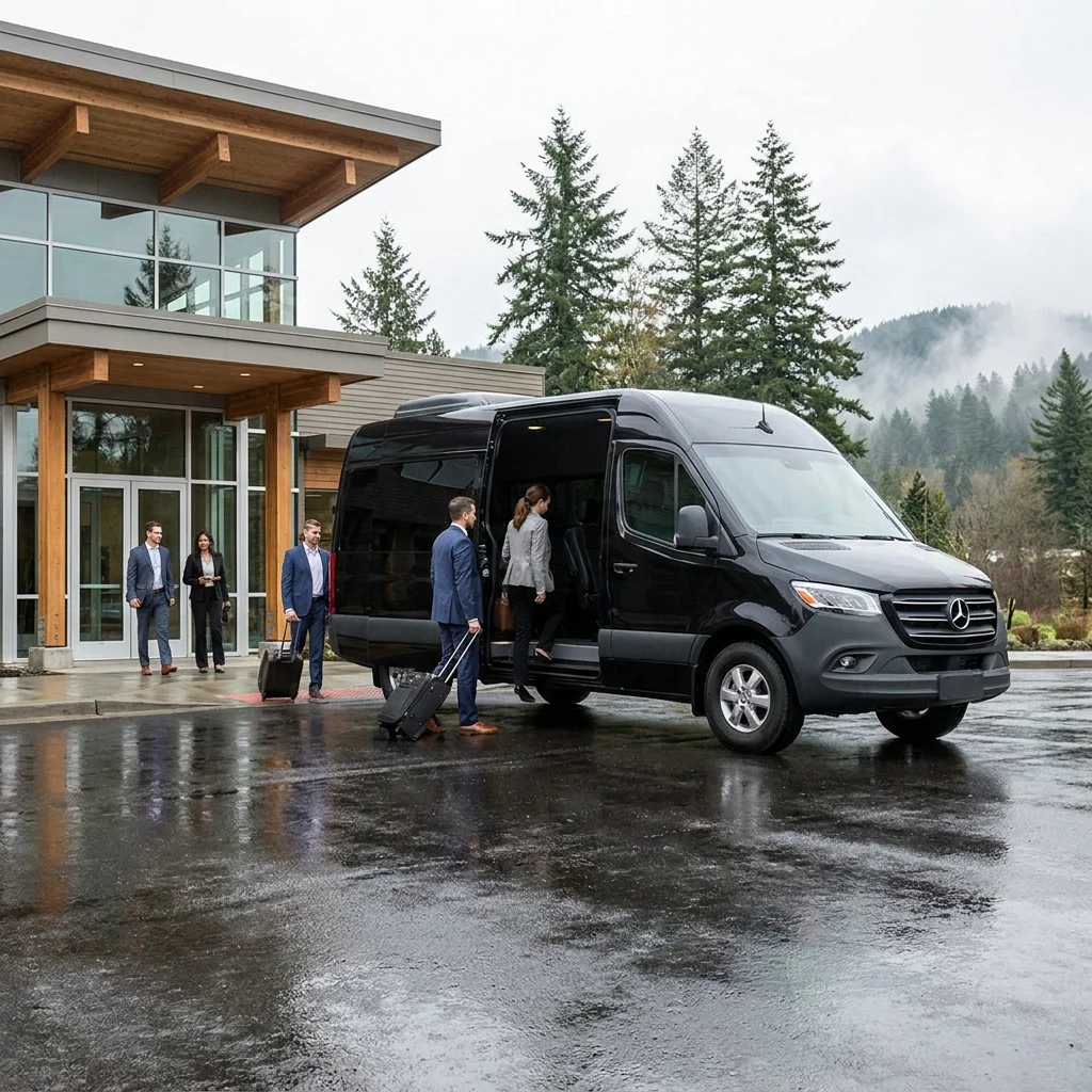 Business travellers boarding a black Mercedes-Benz Sprinter van at a Redmond conference centre