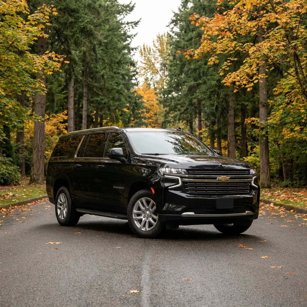 Black Chevrolet Suburban on a tree-lined Redmond road in autumn