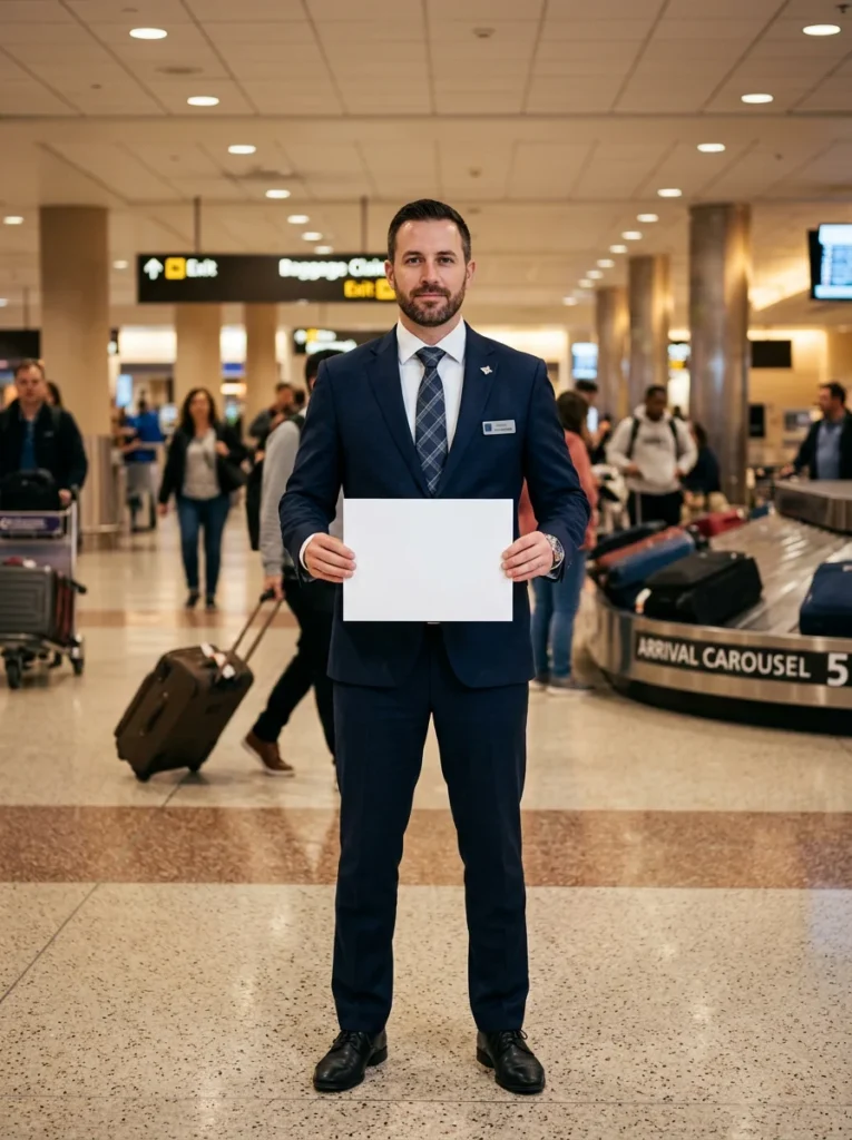 Chauffeur in a dark suit waiting in the arrivals hall with a name board for a SeaTac pickup