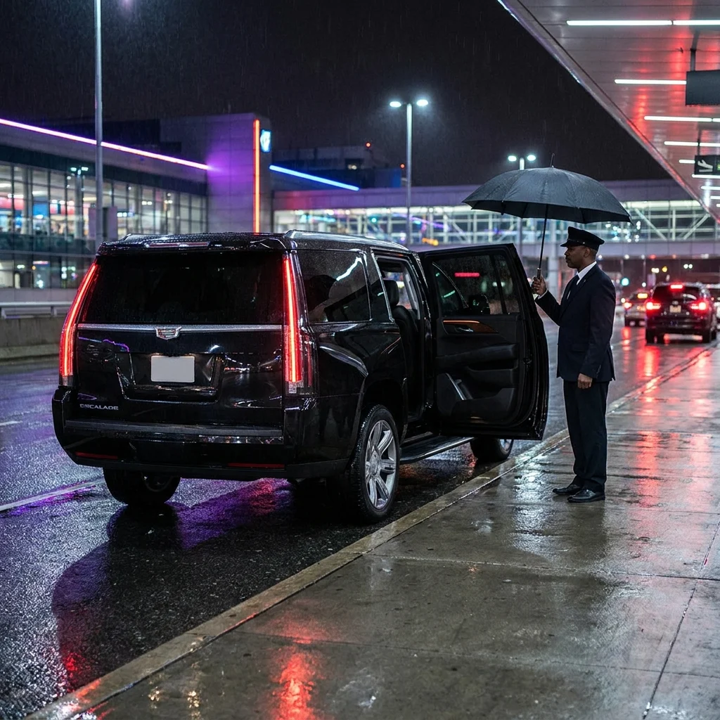 Black Cadillac Escalade waiting in the airport arrivals pickup lane at night in the rain