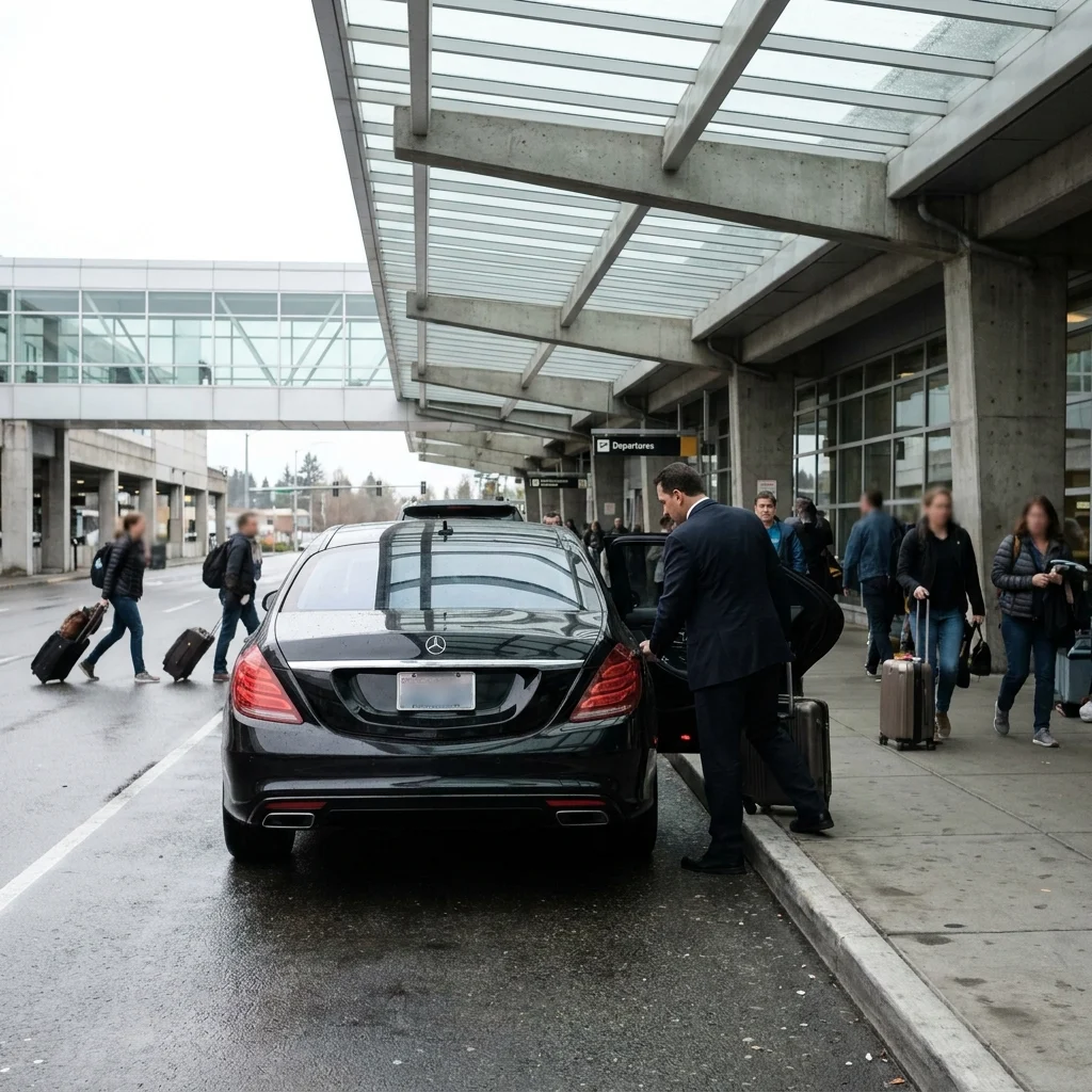 Chauffeur loading luggage into a black Mercedes-Benz S-Class at the airport departures kerb
