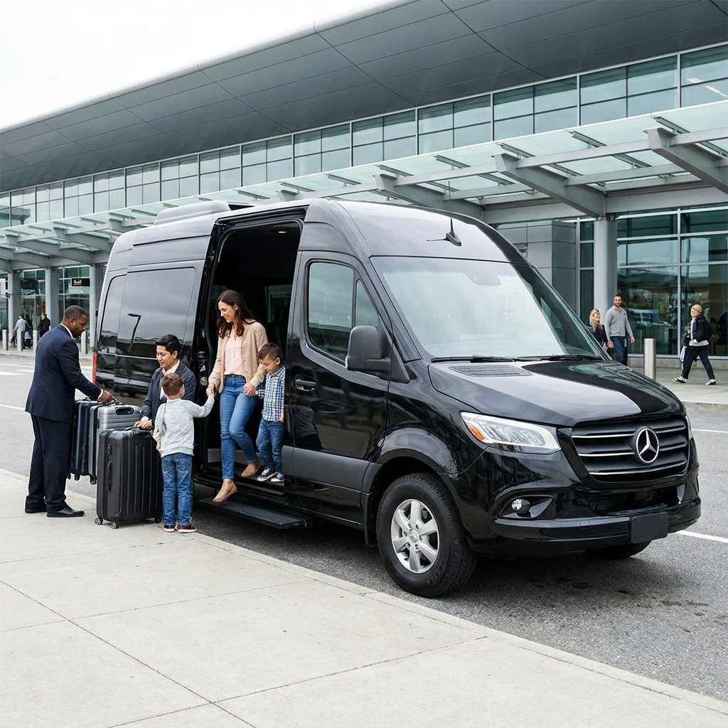 Family group boarding a black Mercedes-Benz Sprinter van with luggage at the airport kerb
