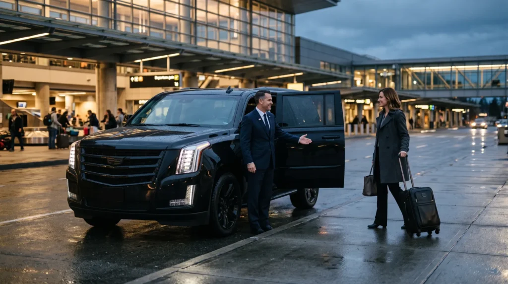 Chauffeur welcoming a traveller into a black luxury SUV at the Seattle airport arrivals curb