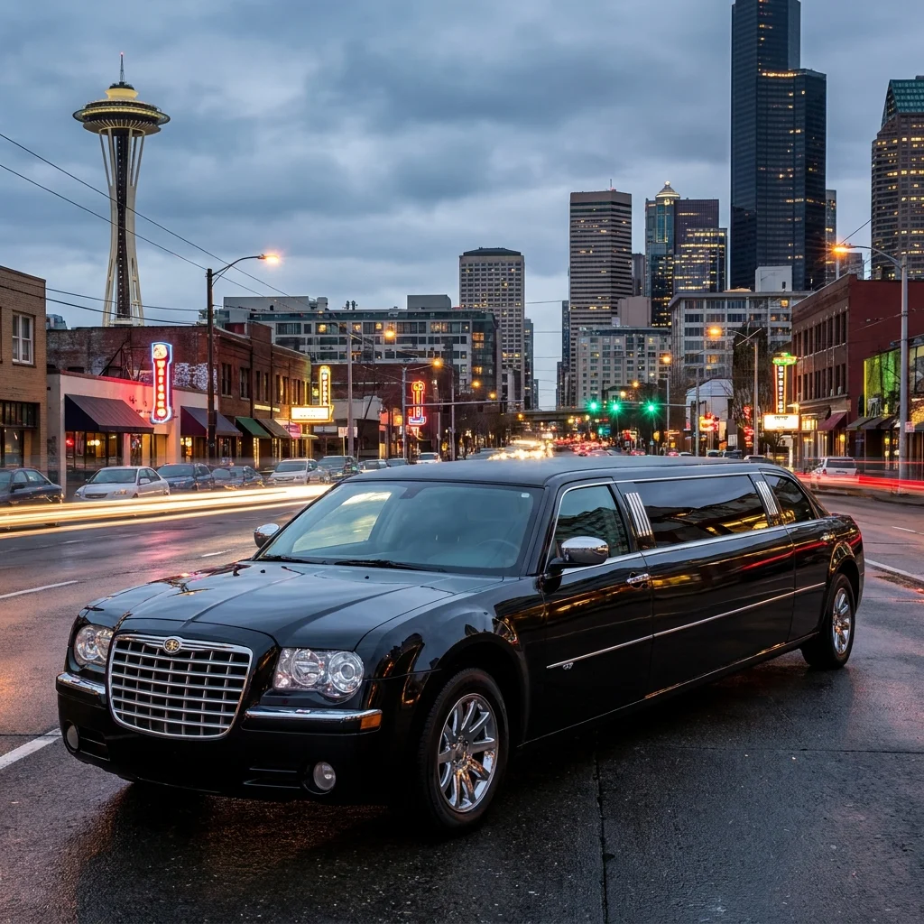 Black Chrysler 300C stretch limousine on a downtown Seattle street in the evening