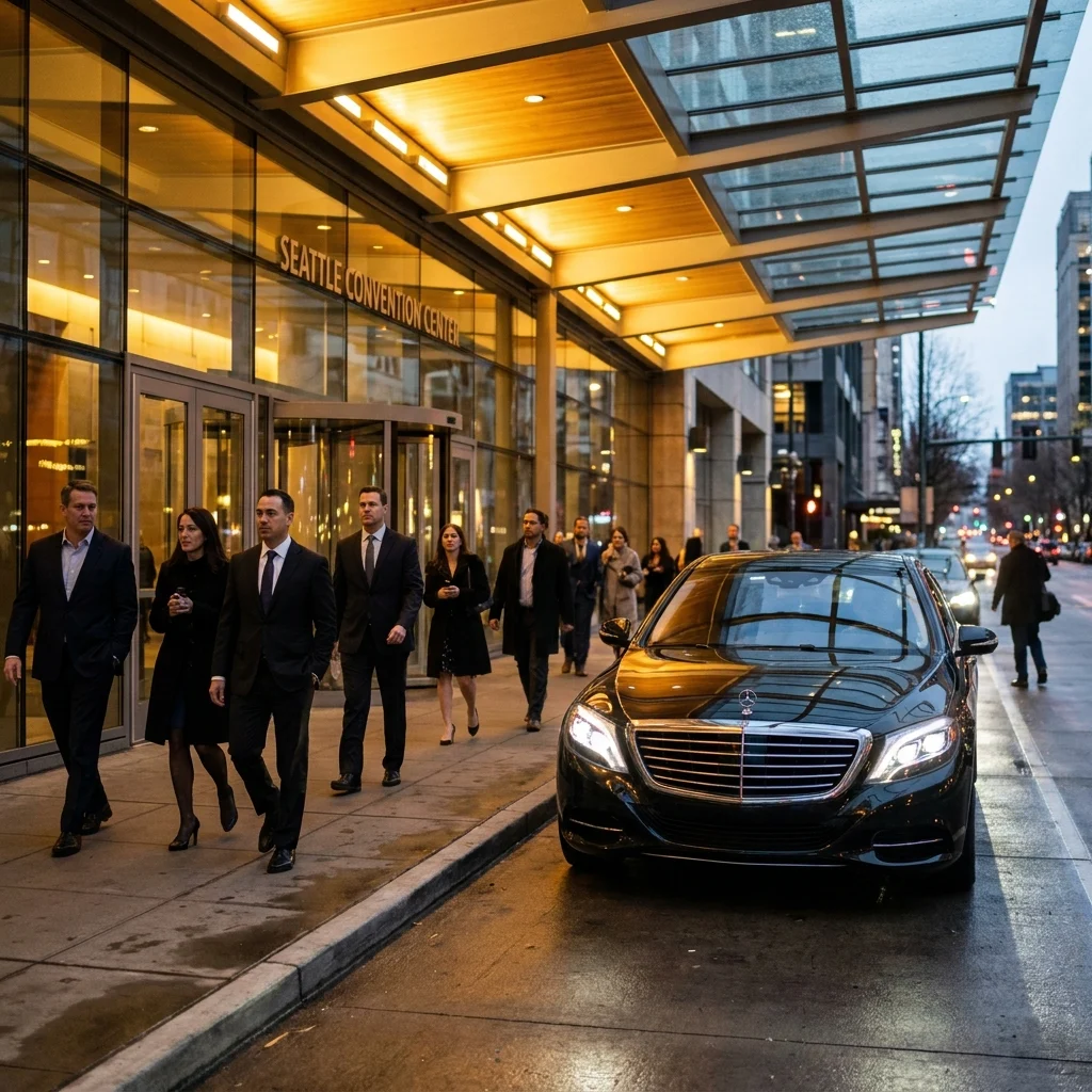 Black Mercedes-Benz S-Class waiting outside a Seattle convention venue during an evening corporate event