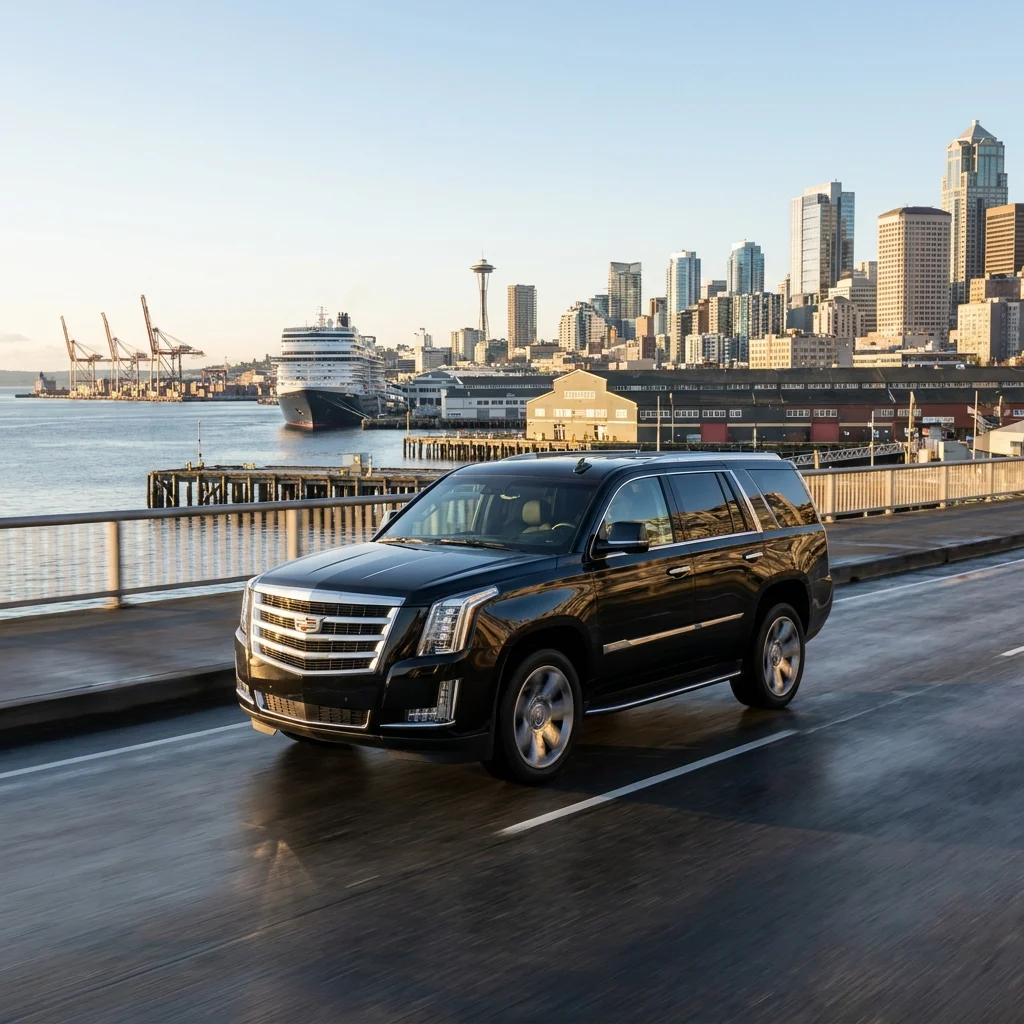 Black Cadillac Escalade on the Seattle waterfront with the skyline and a docked cruise ship