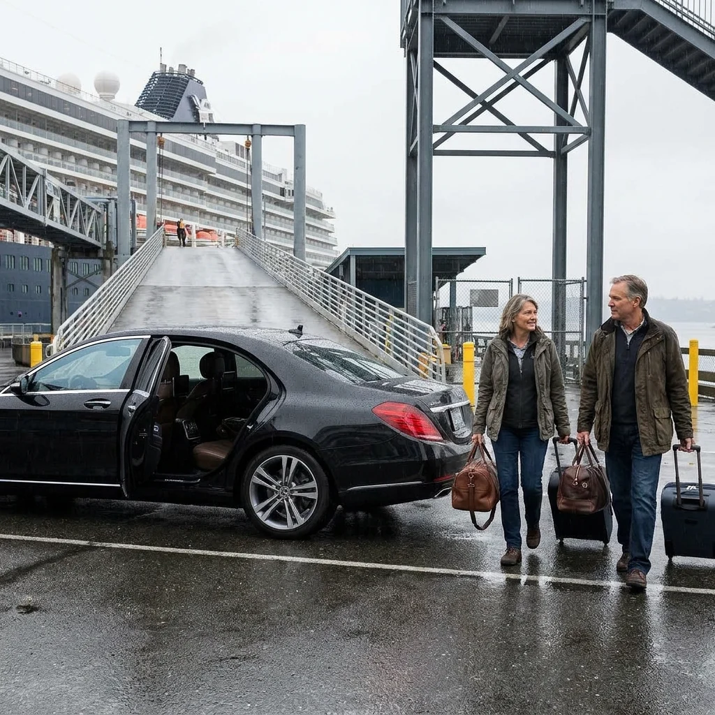 Couple with luggage meeting a black Mercedes-Benz S-Class at a Seattle cruise pier