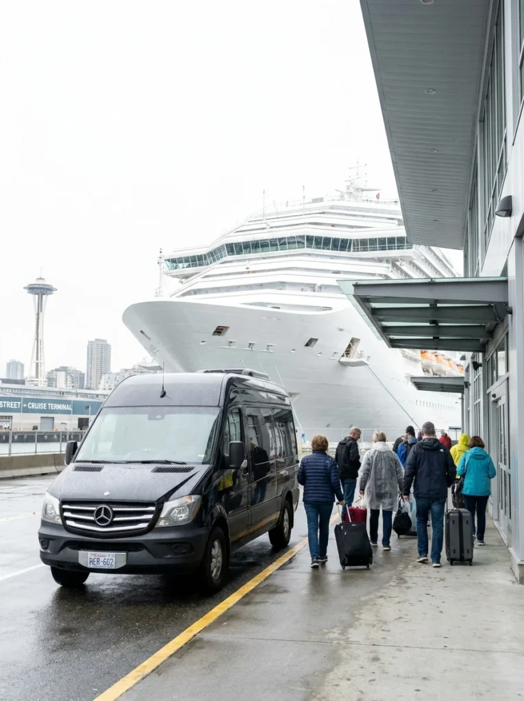 Black Mercedes-Benz Sprinter van at a Seattle cruise terminal beside a docked cruise ship