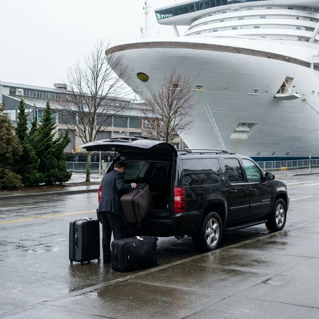 Chauffeur unloading suitcases from a black Chevrolet Suburban at the Seattle cruise terminal kerb