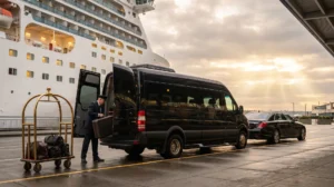 Black Sprinter van and executive sedan at a Seattle cruise terminal with a cruise ship behind and luggage on a trolley