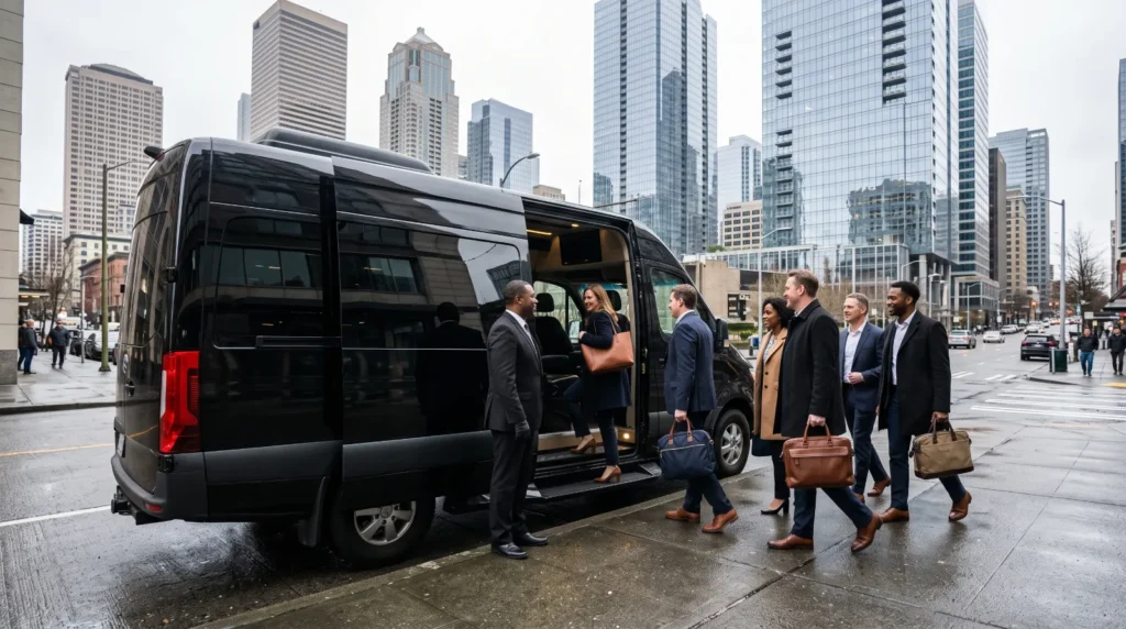 Business group boarding a black chauffeured Sprinter van in downtown Seattle