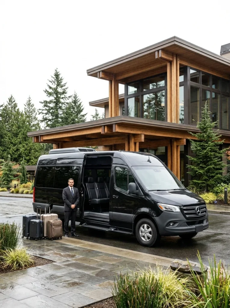 Black Mercedes-Benz Sprinter van with luggage ready to load outside a Seattle hotel