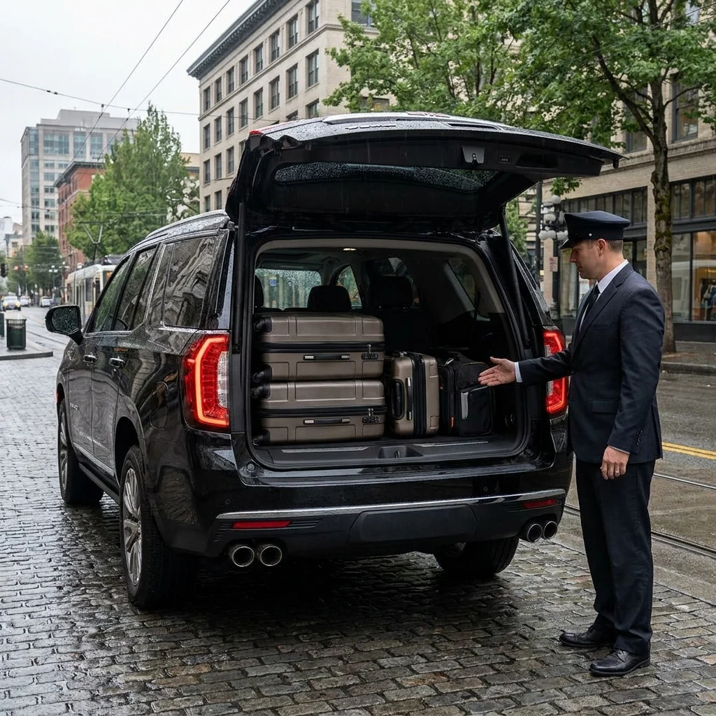 Open luggage bay of a black GMC Yukon packed with four large suitcases for a Seattle SUV transfer