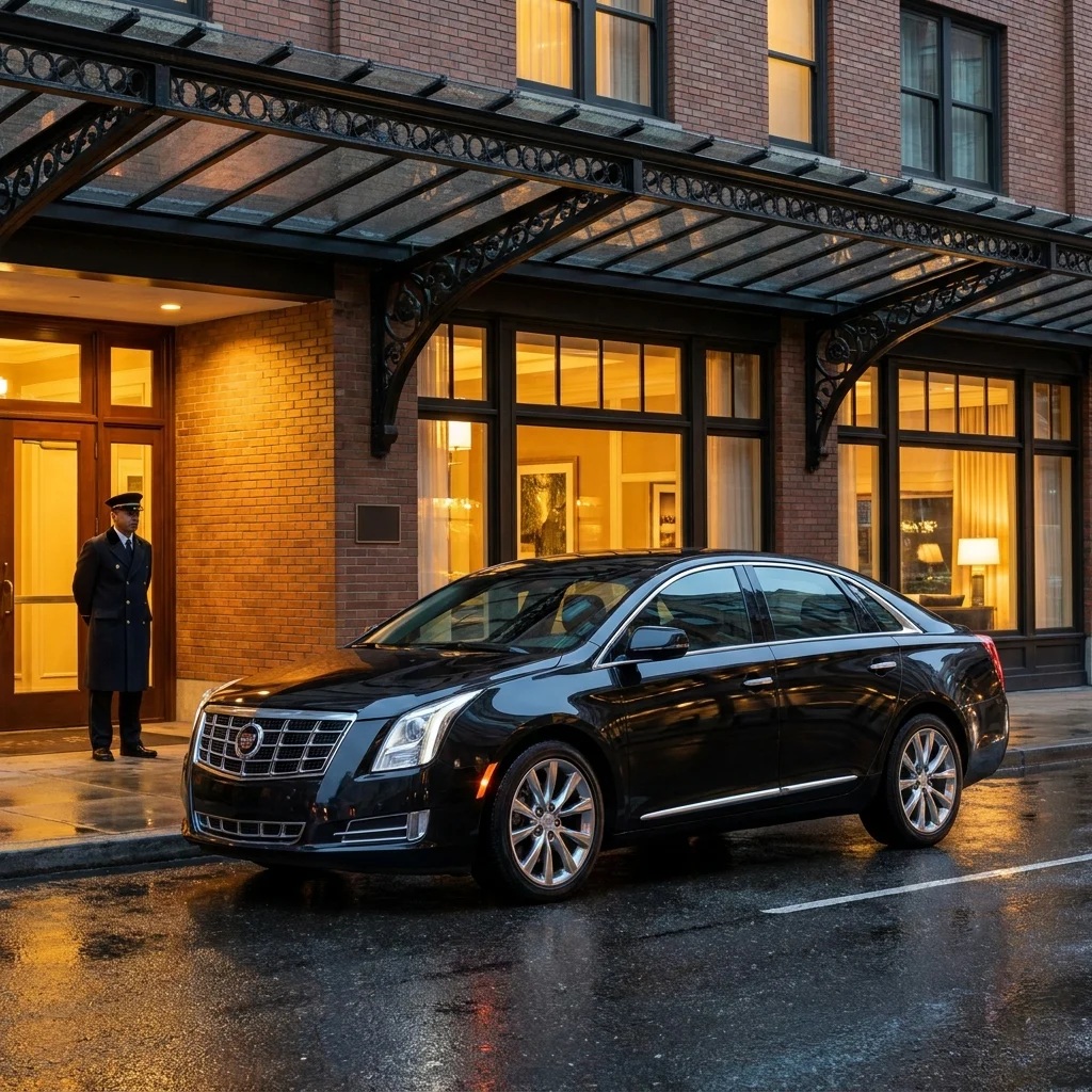 Black Cadillac XTS town car waiting at a downtown Seattle hotel entrance at dusk