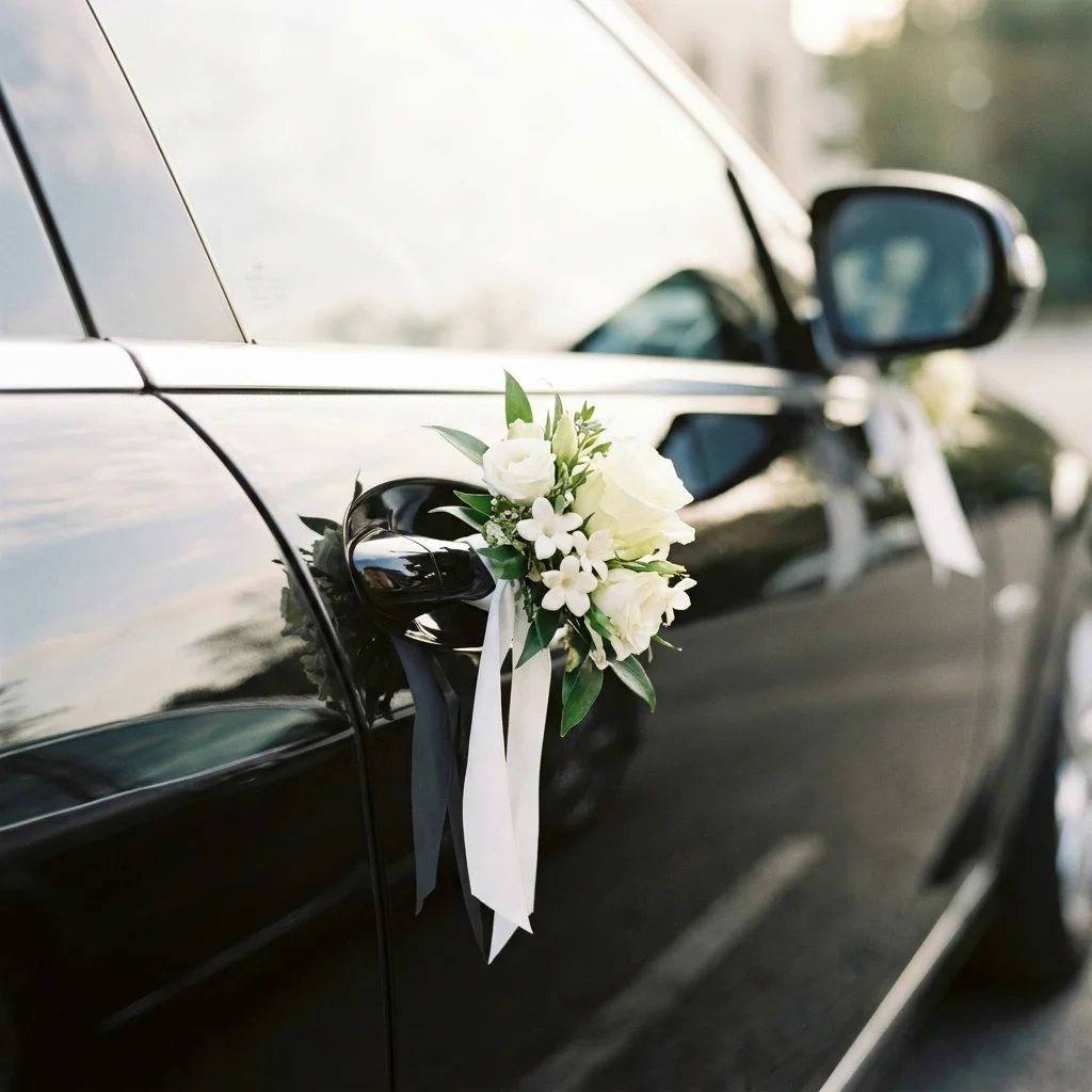 White ribbon and floral detail on a black wedding car door mirror