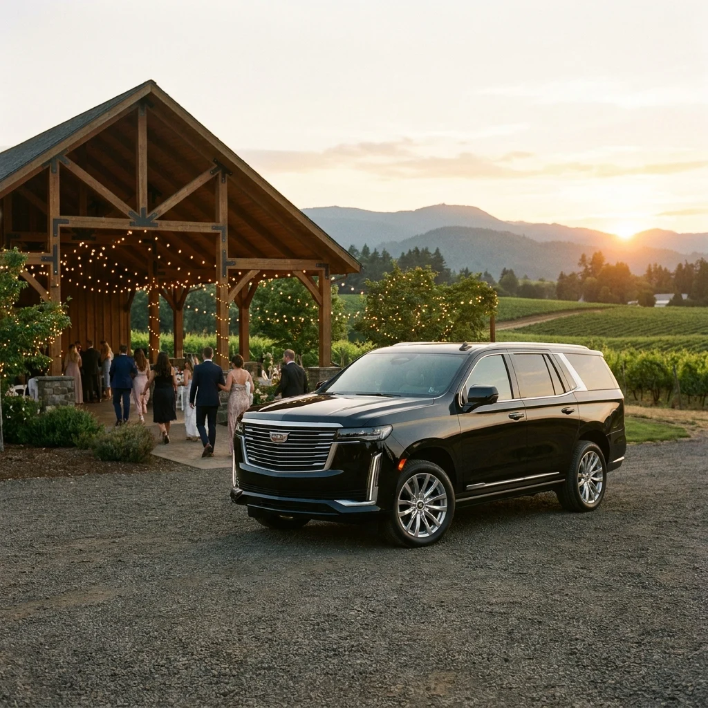 Black Cadillac Escalade outside a Pacific Northwest vineyard wedding venue at golden hour
