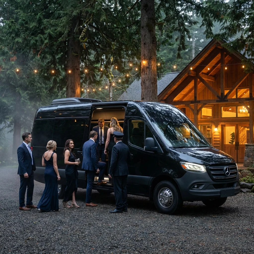 Wedding guests boarding a black Mercedes-Benz Sprinter van shuttle at an evening venue