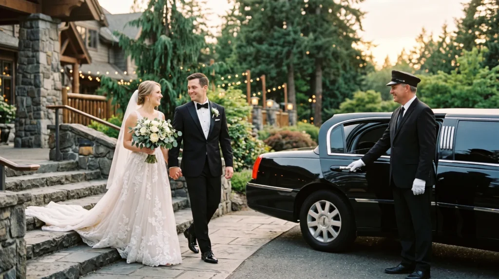 Bride and groom walking to a black stretch limousine held open by a chauffeur at a Seattle wedding venue